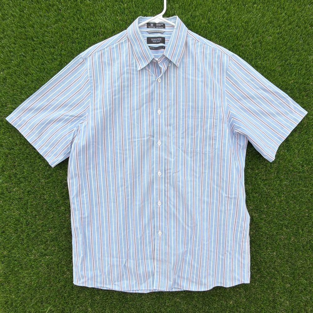 Nordstrom‎ Mens Striped Short Sleeve Button Down Shirt Regular Fit Size Large